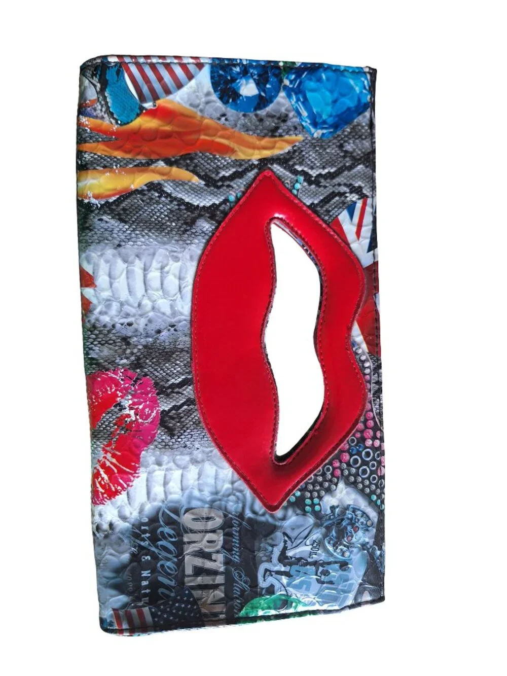 Pop Art Lips Clutch Bag Snakeskin Collage Print Cutout Handle Handbag